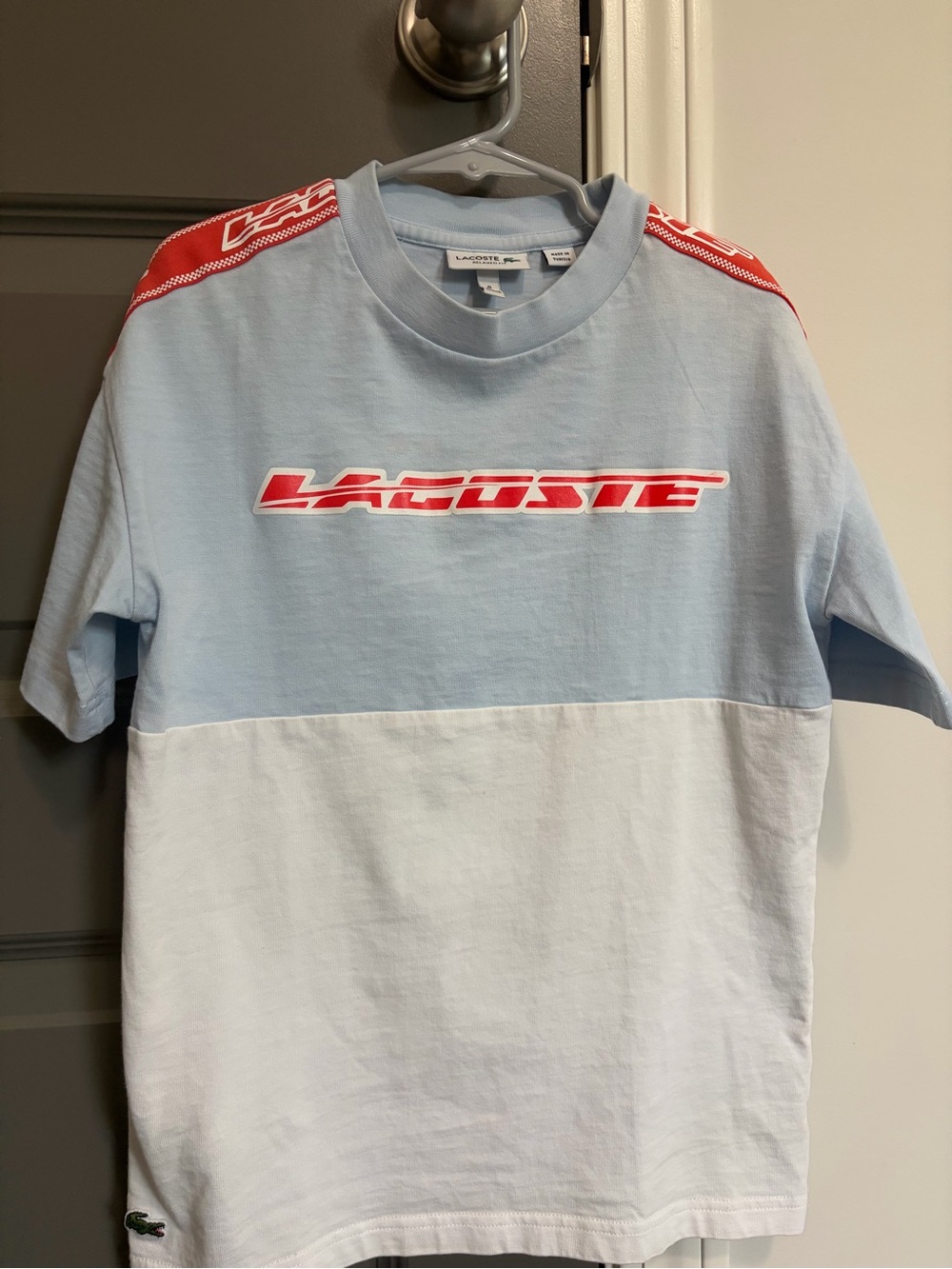 Lacoste Light Blue, White & Red Logo Colorblock Short Sleeve Tee